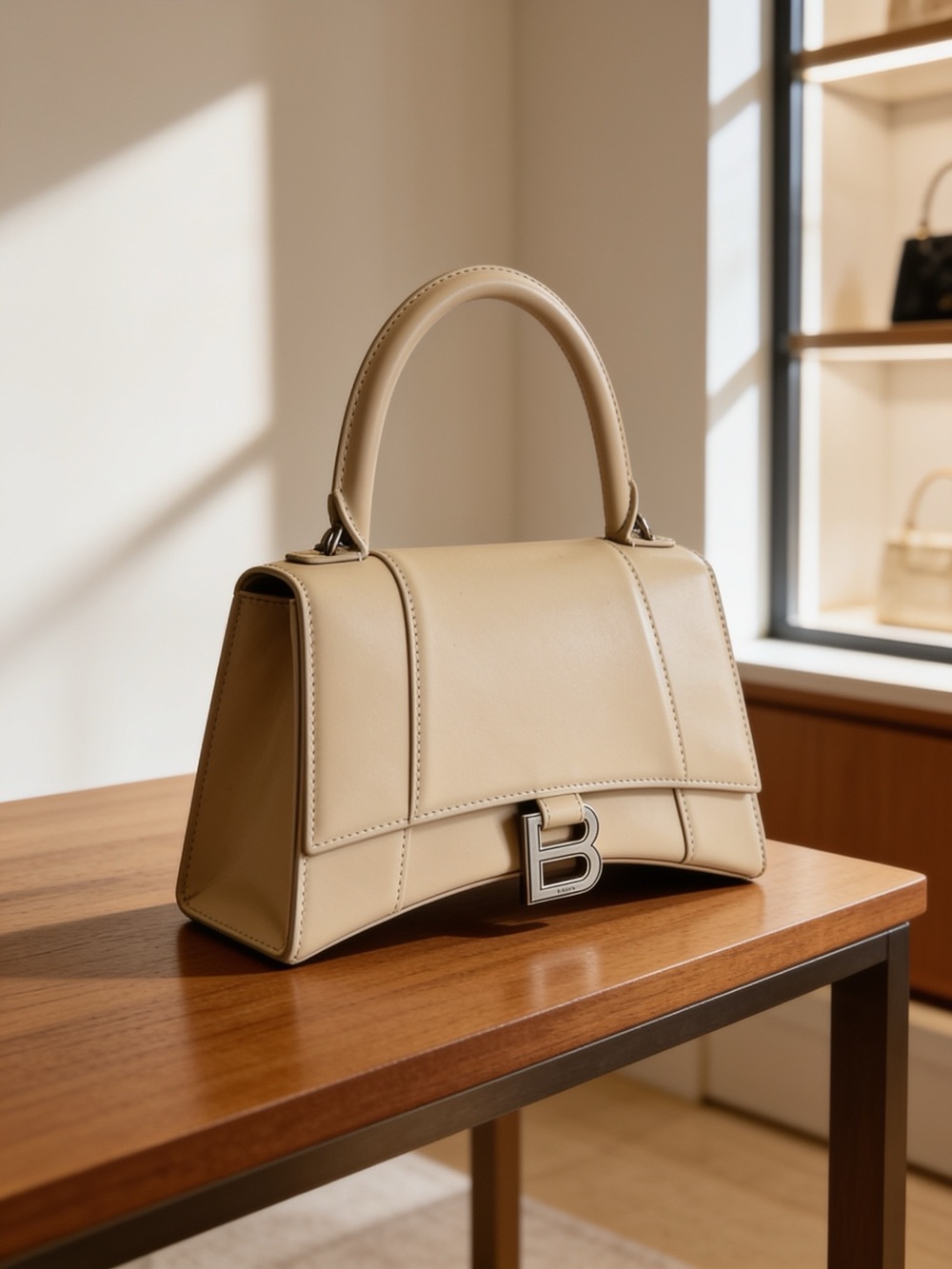 🤍 Balenciaga Small Hourglass Top Handle Bag Beige Calfskin Leather